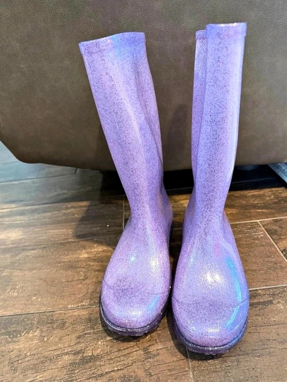 Amoji purple glitter big kid’s waterproof rubber rain boot